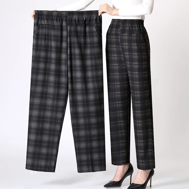 Spring Autumn Checkered Pants Cashmere Pattern Elastic Waist Women's Plus Size 2025 Casual Office Outdoor Pant
