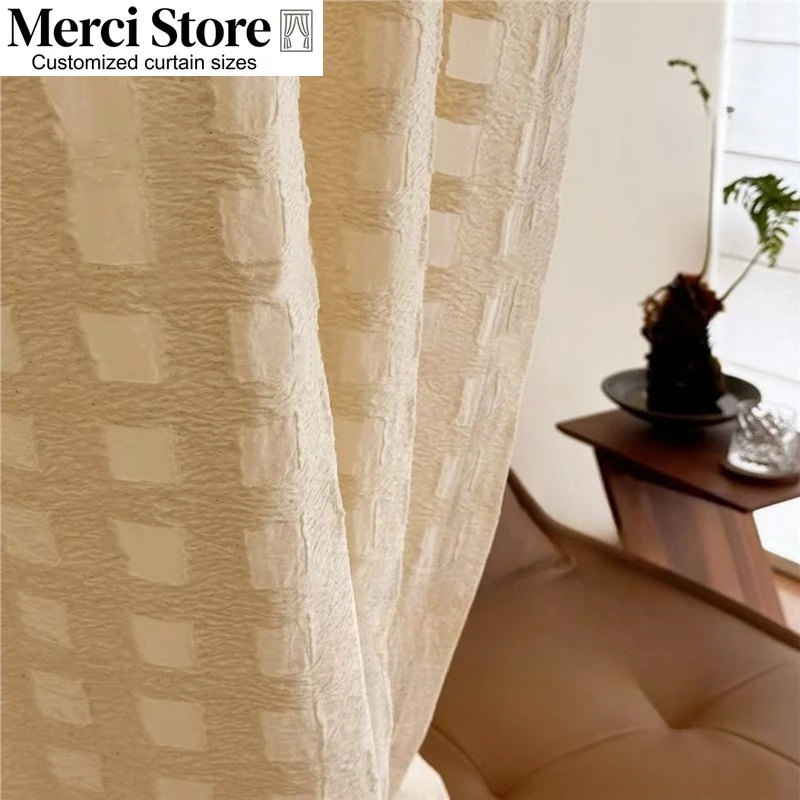 Internet Celebrity  Plaid Curtains Semi-shading and Light-transmitting Opaque Living Room French Mid-century Style Retro Tulle