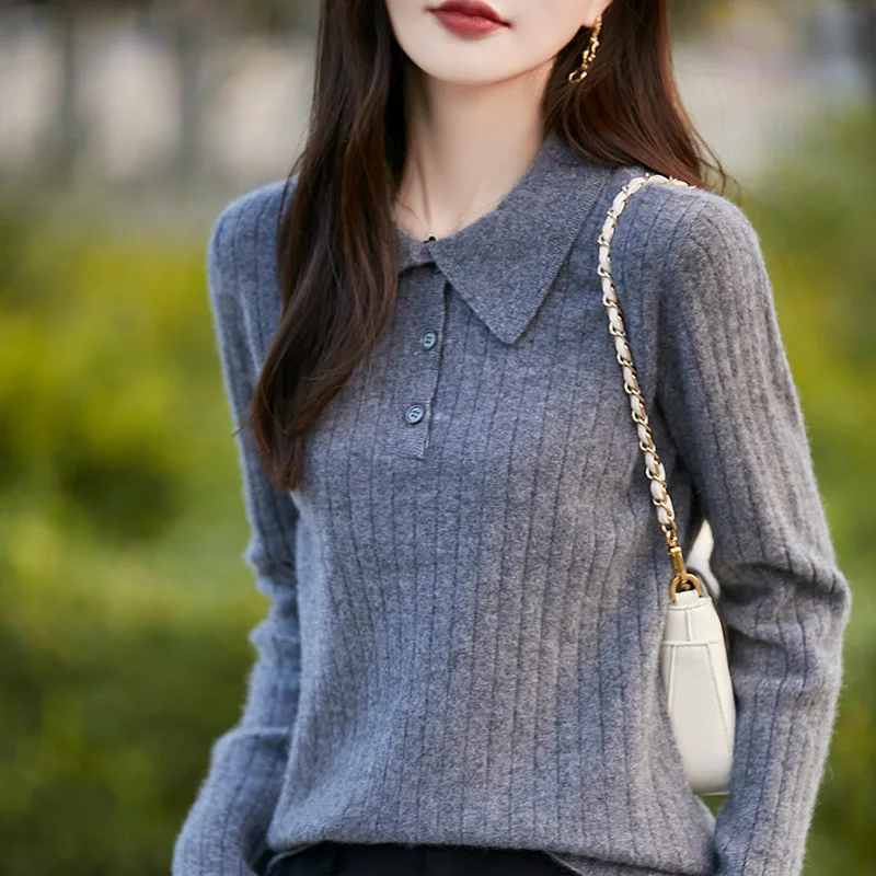 Autumn/Winter New 100% Wool Sweater Women's Casual Solid Color Knitted Tops Loose POLO Collar Blouse Fashion Pullover