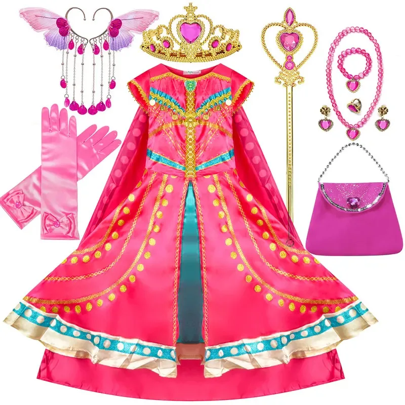 نمط جديد الياسمين الأميرة فستان أحمر وردي لفتاة تأثيري الياسمين الأميرة الصيف فستان مُزين بطباعة عادية + كيب قطعتين البدلة