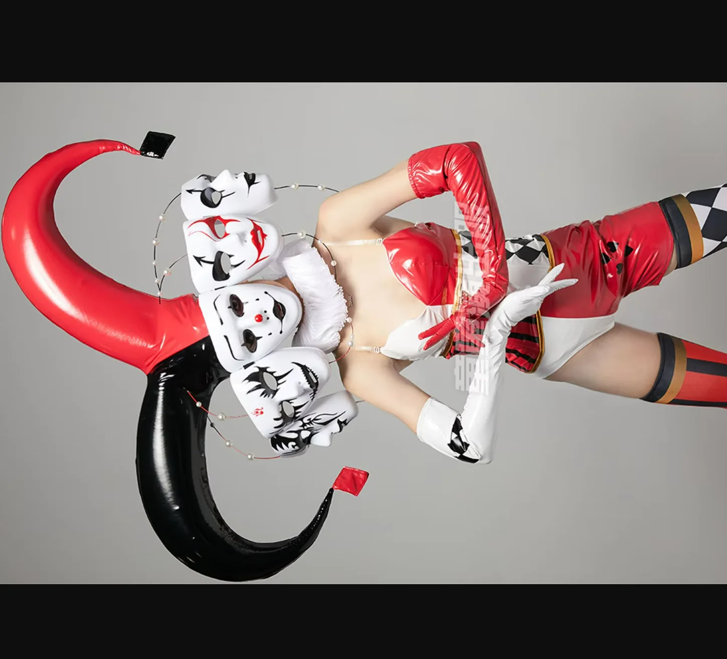 Sexy Women's Gogo Dance Outfit Black Red Clown Costume with Big Horns Customized Make for Nightclub Bar