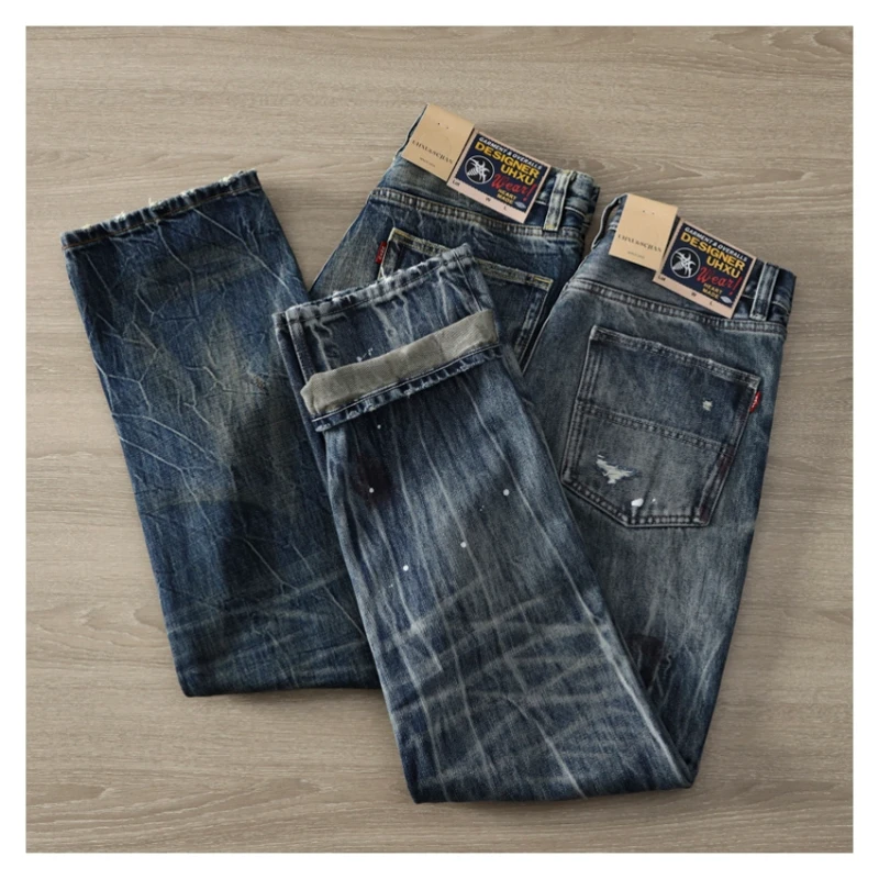 15.2 oz thick American heavy work old washing jeans autumn and winter cotton men's loose casual straight pants