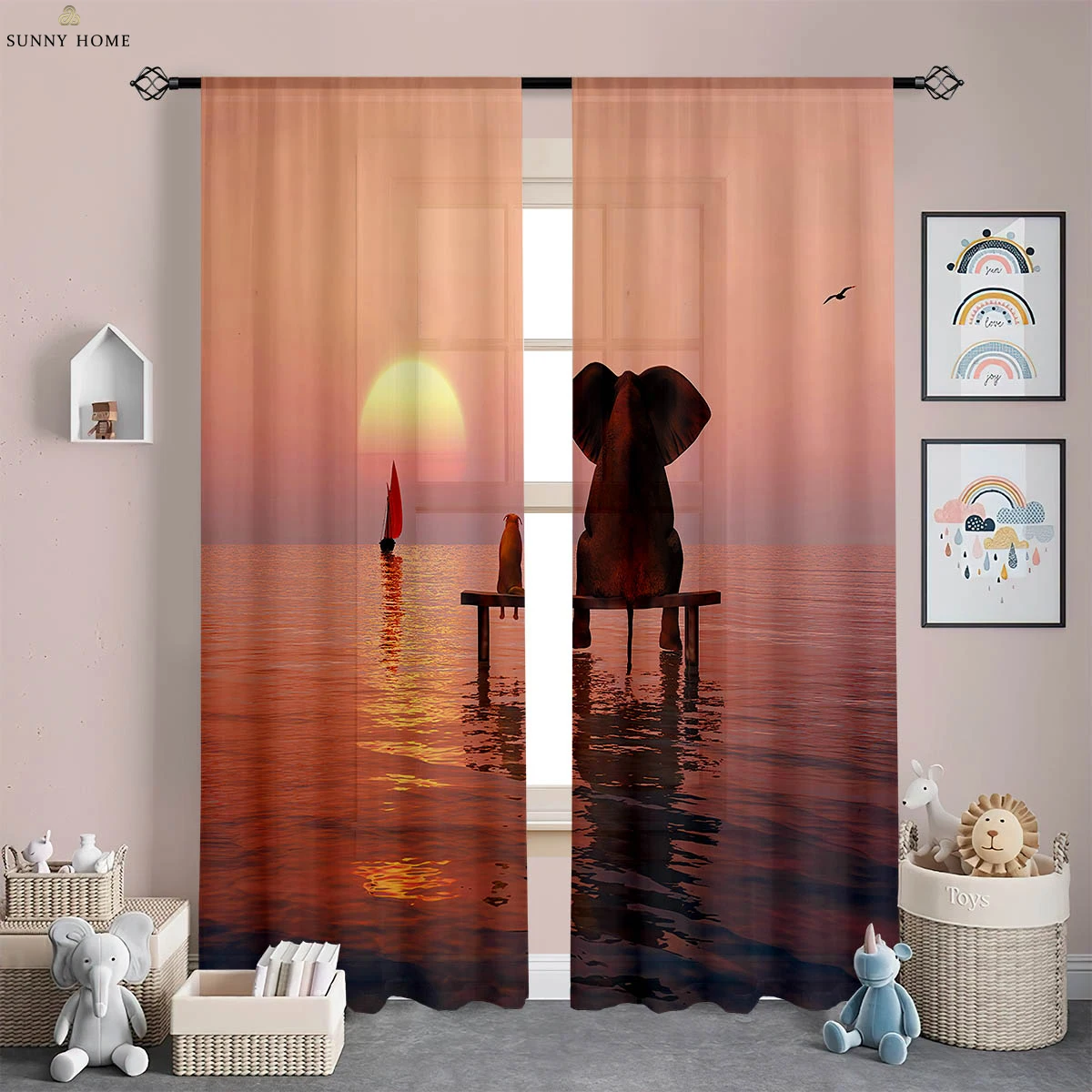 

2pcs Cute Animal Cartoon Printed Curtains Polyester Machine Washable Living Room Kitchen Kids Room Decorative Curtains