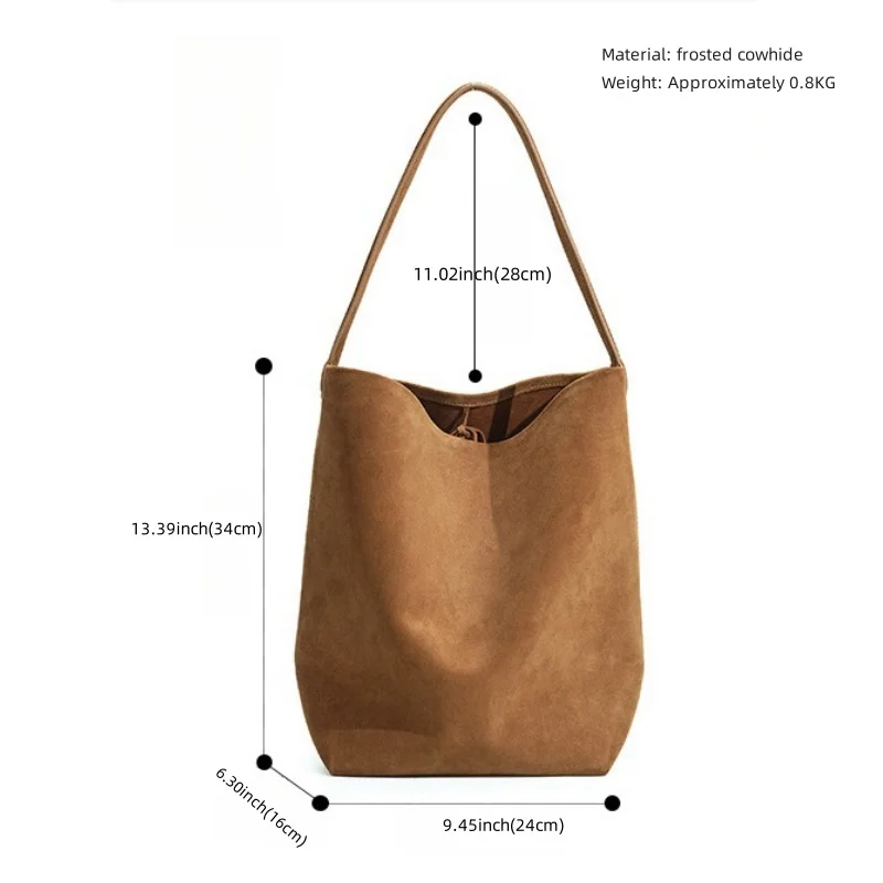 2024 New Bag Female Work Commuter Shoulder Bag Large Capacity Suede Frosted Cowhide Bucket Bag Daily Travel Shopping Bag