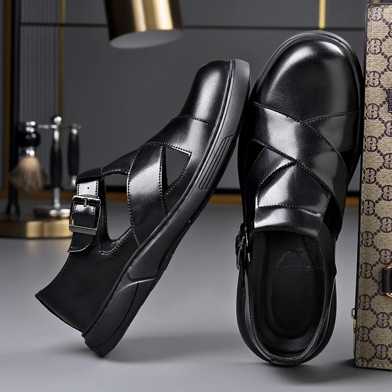 

Мужские сандалии из искусственной кожи с плоской подошвой, удобные дышащие деловые мужские сандалии, размер 38-45