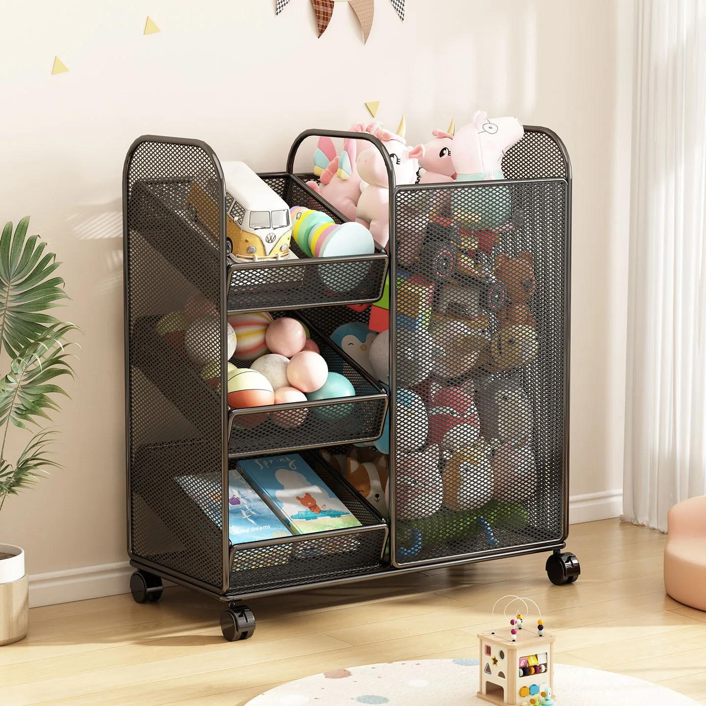 Large Capacity Toy Storage Rack Mobile Multifunction Rolling Cart Metal Organizer with Wheels for Stuffed Animals Books