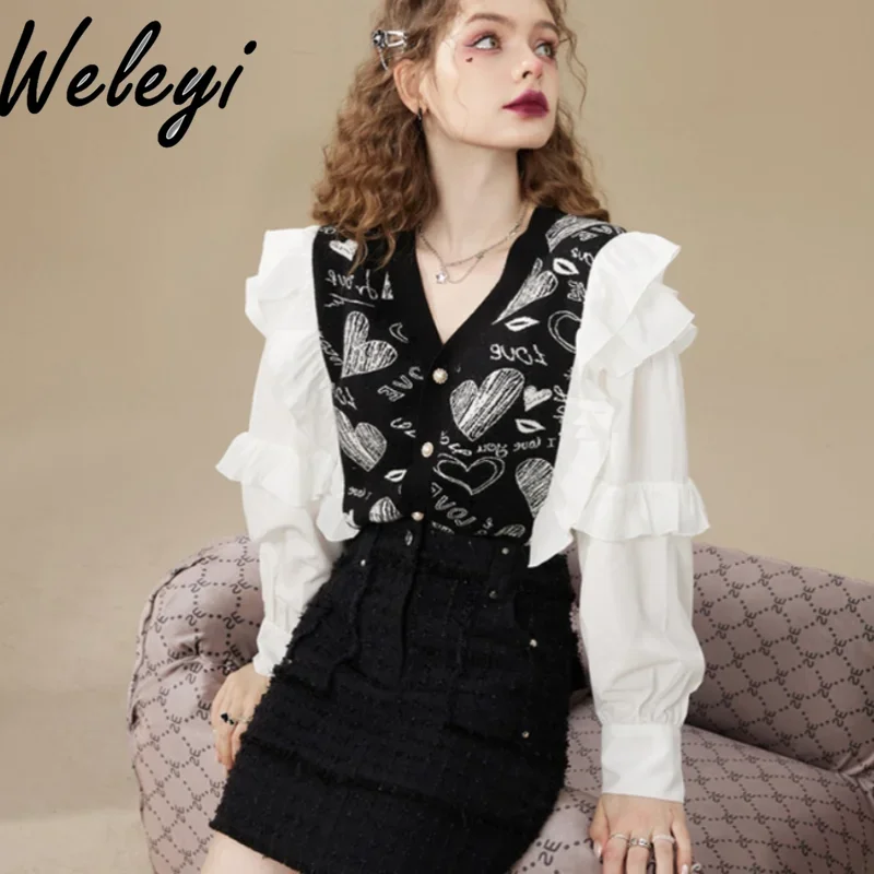 

French Style Elegant Shirts for Women 2023 Autumn New Sweet Loose Stitching Long Sleeve Ruffled Blouse Female Inner Wear Tops