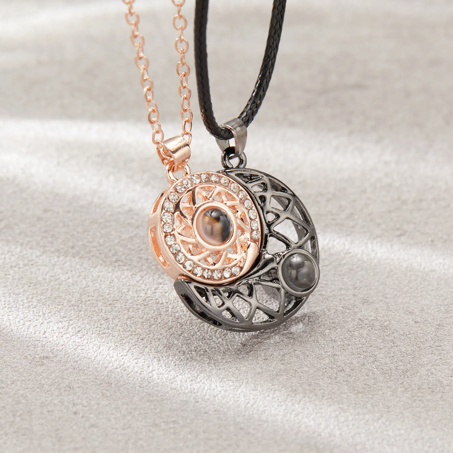 New sun and moon round hollow magnetic projection 100 languages I love you couple splicing necklace 2-piece set
