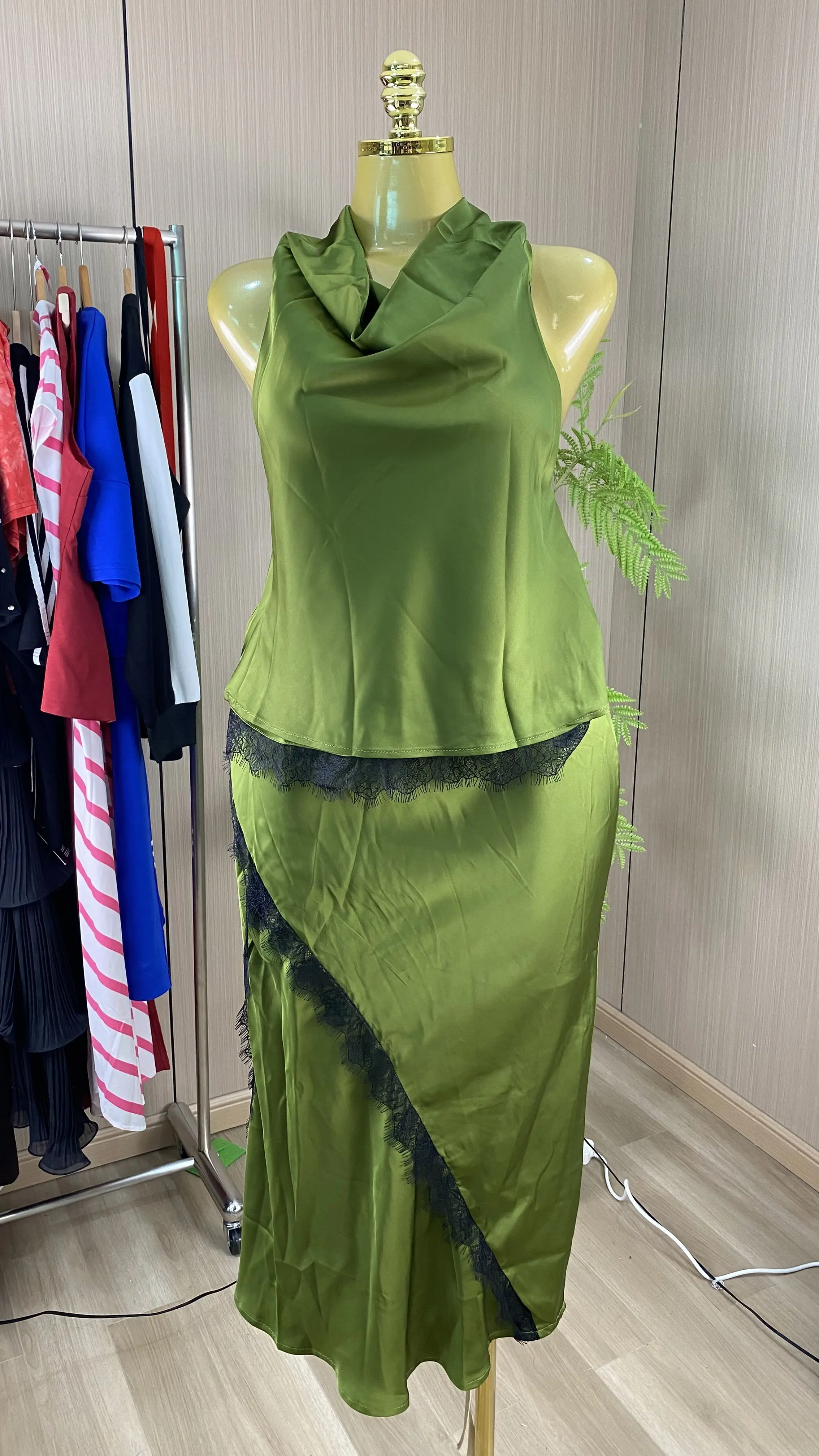 2026 Fashionable Sleeveless Top with Asymmetrical Lace Paneling and Stretch Pants Set-GZXX956
