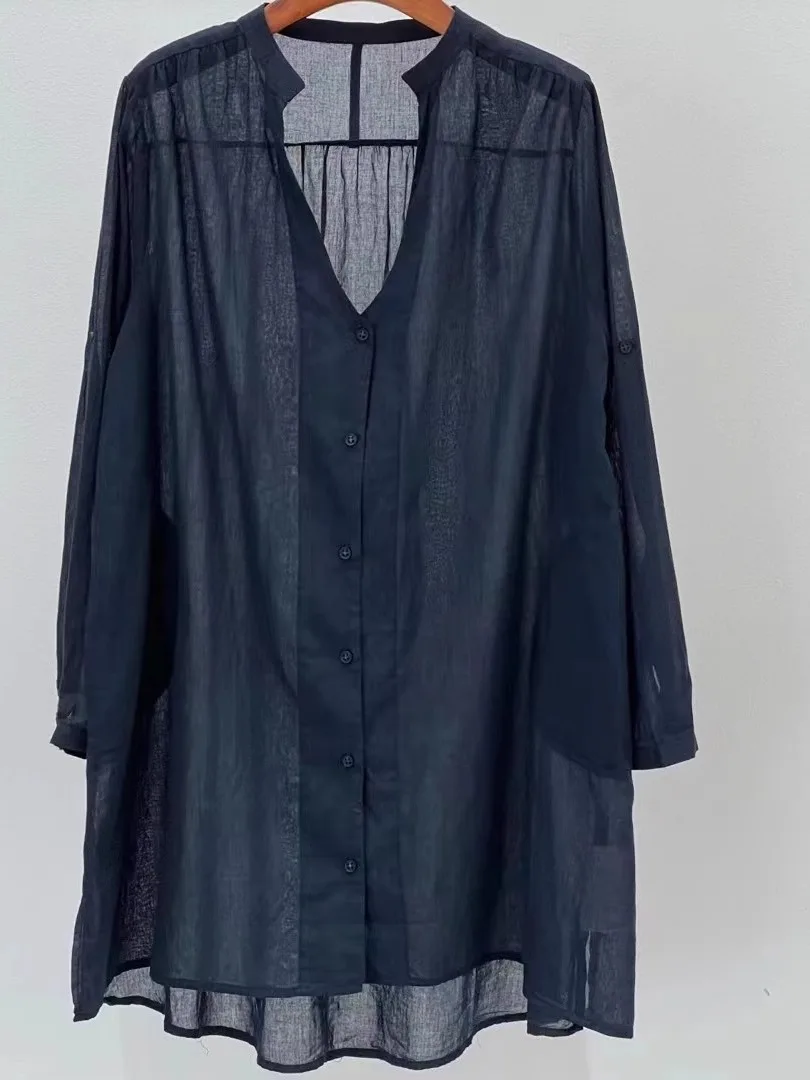 

plus Size Extra Large V-Ne Long Sve irt Casual Sun Protection Thin Transparent Women's Korean Sle Office Faion