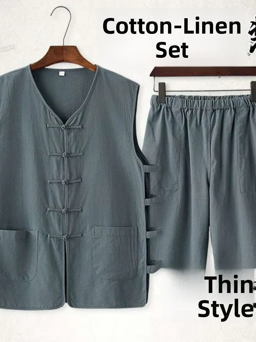 

Новый летний комплект из хлопка и льна для мужчин: винтажный жилет и удобная дышащая одежда для мужчин среднего возраста в этническом стиле