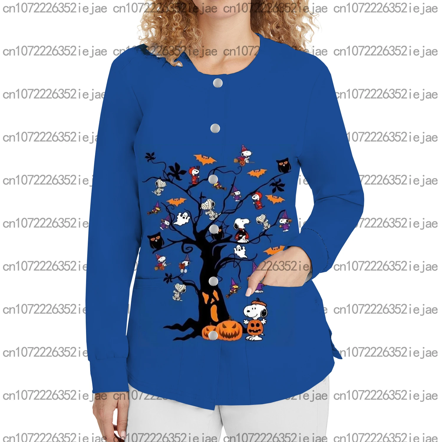 여성 캐주얼 간호복 싱글 브레스티드 프린트 가디건 만화 스누피 탑 라운드 넥 재킷 간호 작업복