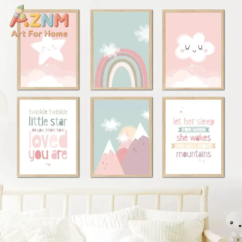 Lovely Mountain Star Cloud Rainbow Wall Art Canvas Painting Cartoon Nordic Posters and Prints Wall Pictures Baby Kids Room Decor