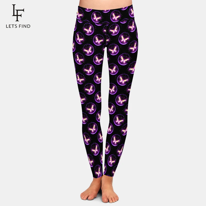 

LETSFIND High Quaility Fitness Women Print Pant High Waist Neon Butterflies and Glowing Blooms Pattern Sexy Slim Elastic Legging