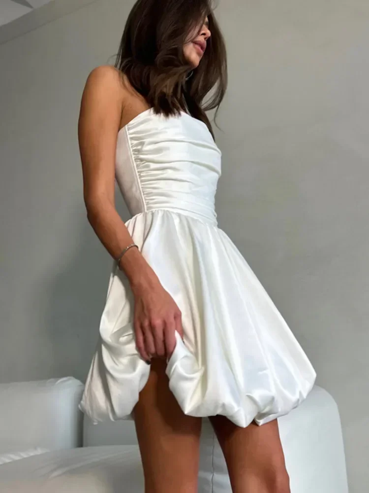 Leosoxs Satin Strapless Pleated Mini Dress for Women Robe Off-shoulder Backless Sleeveless A-line Bodycon Sexy Dress Elegant