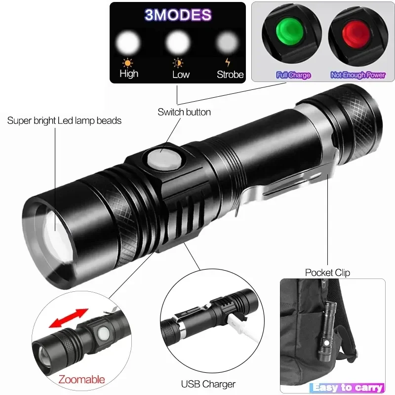 1-5P Outdoor Tactical Zoom Camping Waterproof Flash Light Aluminum Alloy Portable Torch Powerful LED Flashlight USB ReChargeable