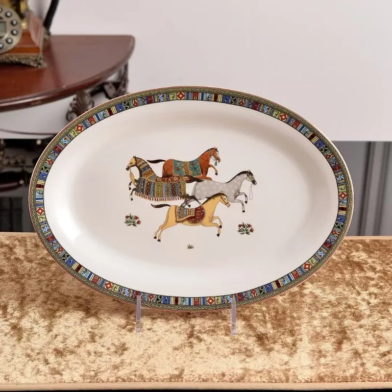 

Jungle Horse 12 Inch Oval Serving Plate Dinner Fish Tray Quality Ceramic Dinnerware Noble Horse on The Run Pasta Plate