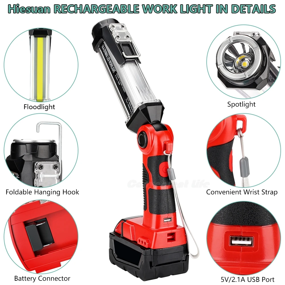 Cordless LED Work Light for Milwaukee 18v M&18 Li-ion Battery 35W 2000LM Outdoor Flashlight Portable Camping Lanterns with Hook