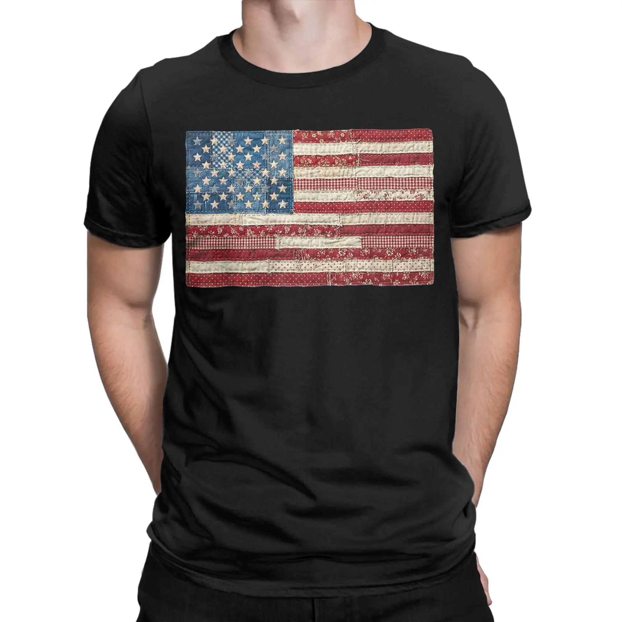 Vintage Patchwork American Flag Patriotic USA 4th of July Men T Shirts Tee Shirt Short Sleeve O Neck T-Shirt Plus Size Clothes