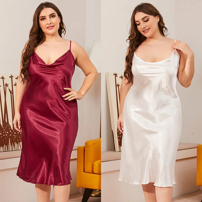 3XL Big Size Sexy Strap Nightdress Nightwear Loungewear Nighty Gown Nightgown Women Sleepwear Summer Silky Satin Home Dress