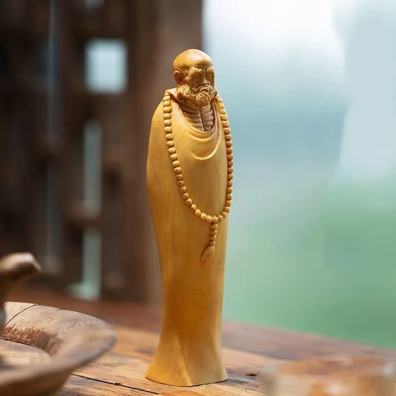 Natural Cypress Bodhidharma Character statue- Founder of Buddhism Solid wood carving Chinese characteristic small statue 4.71 in