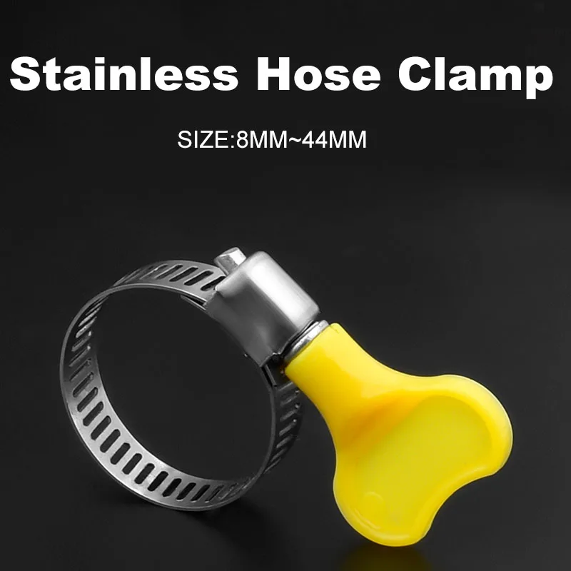 5pcs 8-44mm Adjustable Yellow Plastic Handle Hand Twist Hose Clamps Worm Driving Stainless Steel Pipe Clips For Tube