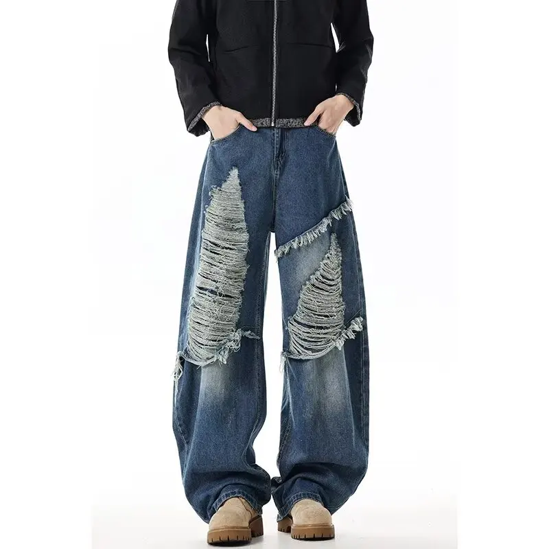 

Уличная одежда в американском стиле ретро Y2K 2021, синие мешковатые рваные джинсы, брюки для мужчин, одежда, прямые джинсовые брюки Moda Hombre