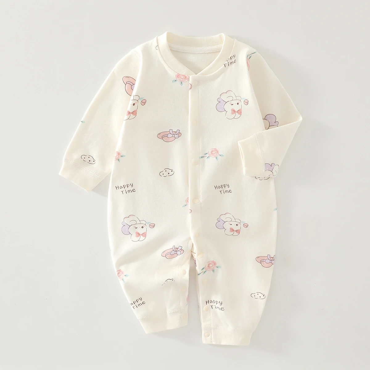 Soft Pure Cotton Infant Jumpsuit Spring Autumn Full Snap Long Sleeve Cartoon Romper Skin Friendly Daily Casual Outfit