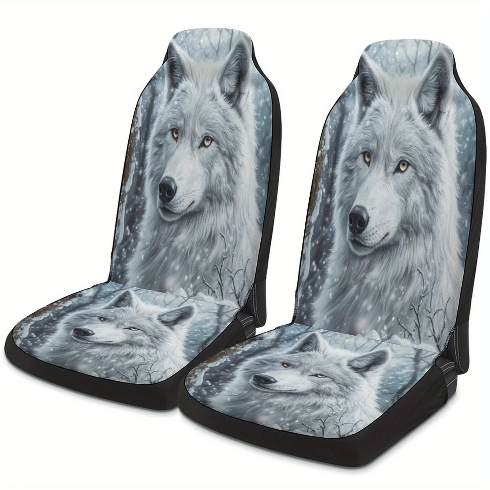 White Wolf In Snow Themed Car Seat Cover Set For Most Cars, Fashion Novelty Car Seat Protector Covers Full Set, Universal Car Se