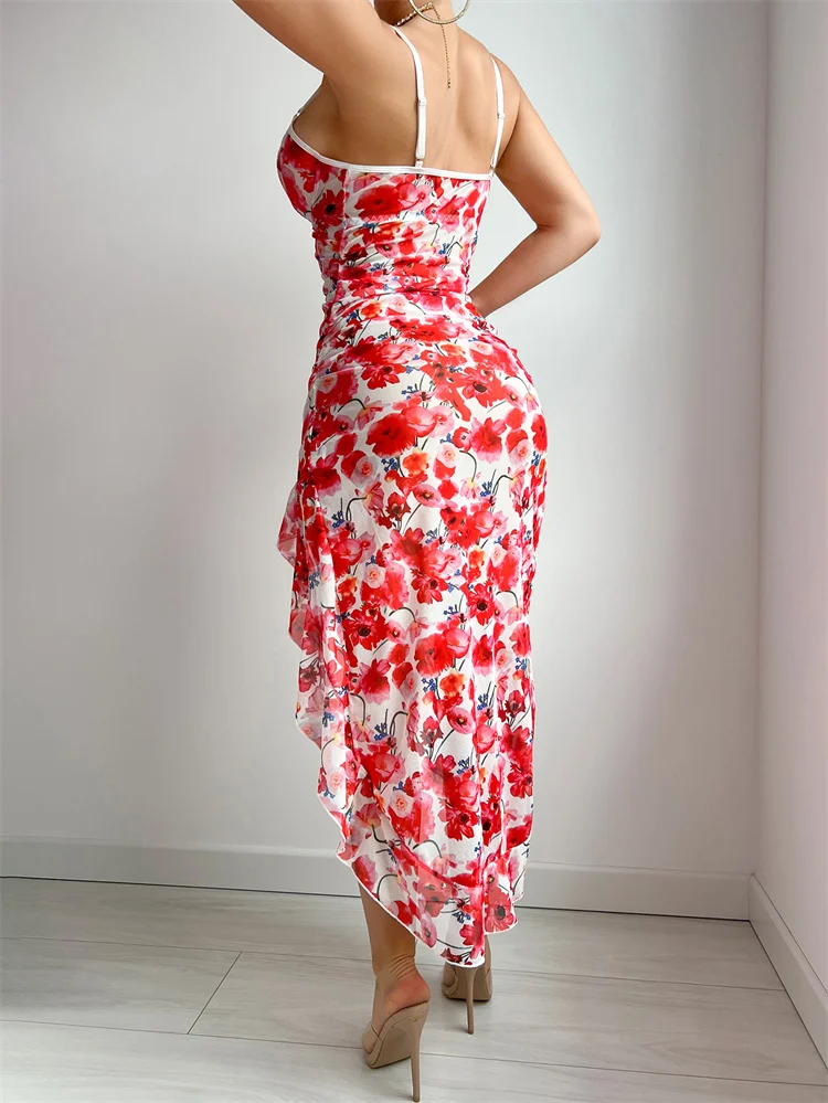 Camicia da notte sexy da donna Bretelle Stampa floreale Indumenti da notte Bellissimi volant in pizzo Splicing Indumenti da notte Abito da pigiama sottile senza maniche