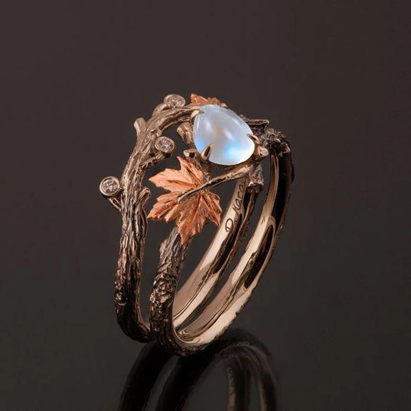 Gold Twig Maple Leaf Moonstone Ring Set para Mulheres Vintage, Antigo, Nupcial, Jóias De Casamento, Noivado, Presente De Aniversário, Moda