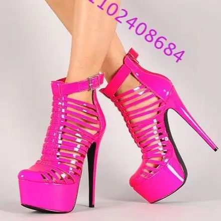 Zapatos de Tacón Alto para Mujer, Color Rosa Brillante, de Piel Sintética Fucsia, con Plataforma y Hebilla, Punta Cerrada