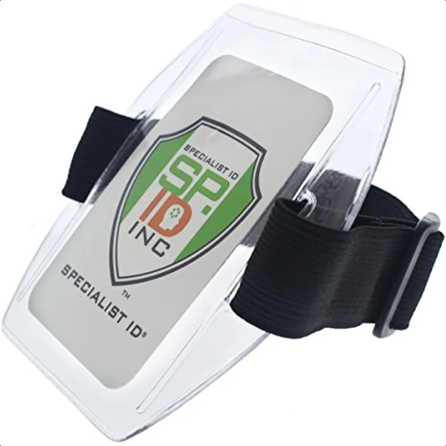 

5 Pack Armband Badge Holder with Black Adjustable Elastic Arm Band Hook and Loop Fastener Secure Clear Plastic Display of Work
