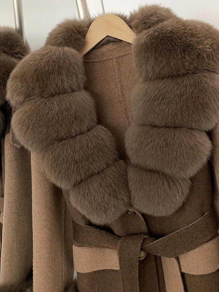 ZMEENNA Womens Elegant Two Tone Wool Blend Long Coat Faux Fur Collar และ Cuffs Tie เข็มขัดฤดูหนาว Outerwear ZM3644