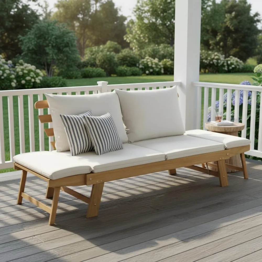 Convertible Acacia Wood Patio Couch Sofa Bed with Adjustable Armrest, Outdoor Daybed with Cushion & Pillows, Customized