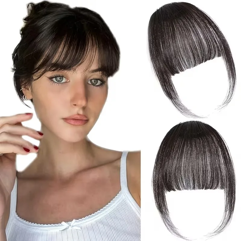 Clip In Bangs Real Human Hair Dark Brown Wispy Fake Bangs For Women Natural Hair Bangs Fringe with Temples Hairpieces Daily Wear