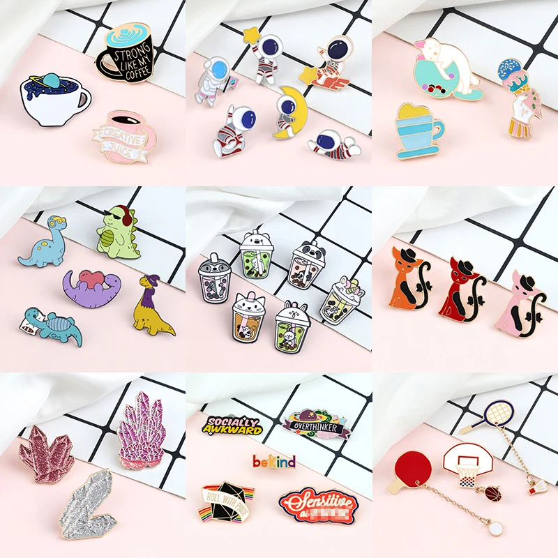 3-6 PCS/Set Cute Brooch Sets Dinosaur Bubble Tea Milk Spar Pins Cats Astronaut Coffee Cup Brooches Denim Bag Badge Jewelry Gifts