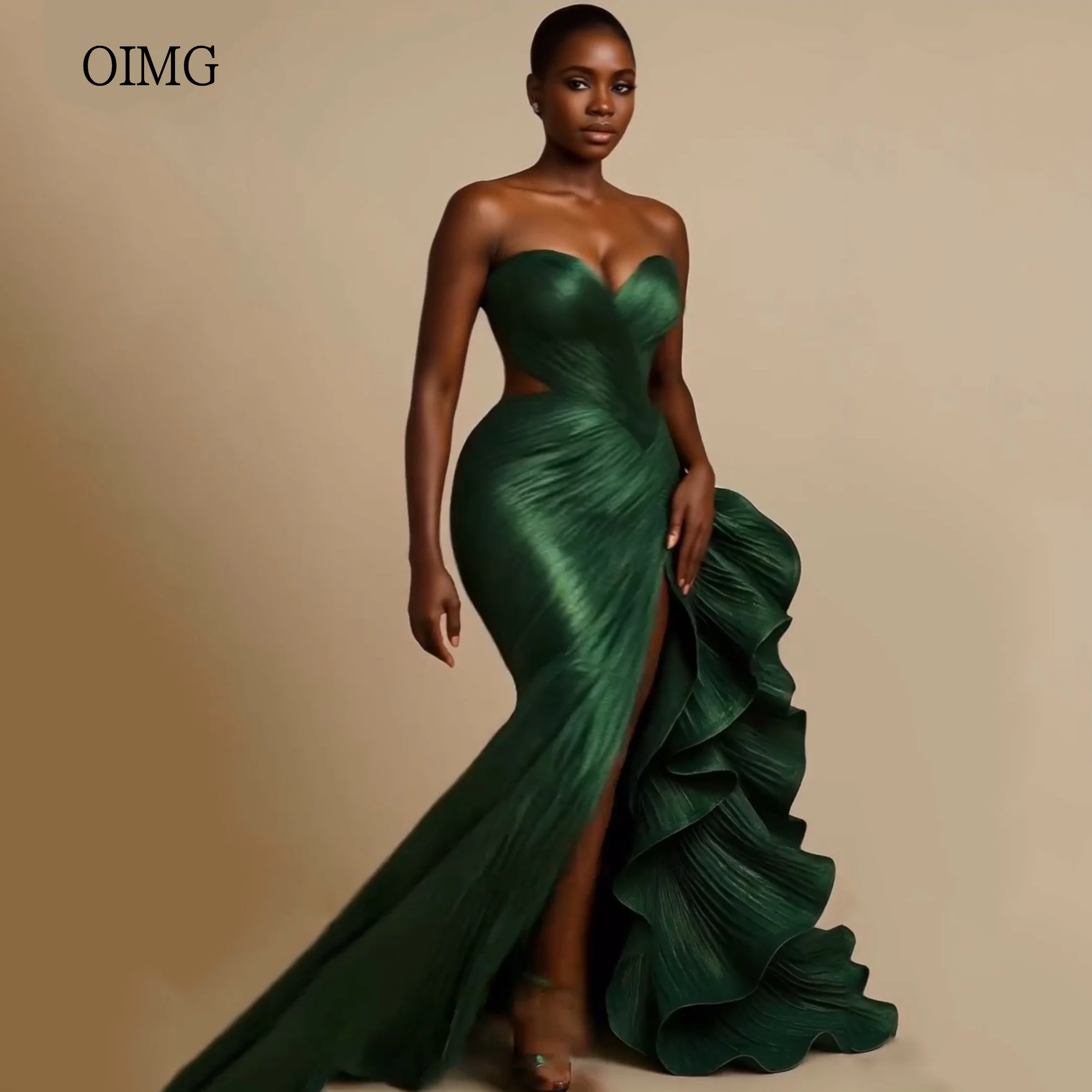 

OIMG Dark Green Mermaid Prom Gowns Sweetheart Neck Pleated Party Gown Side Slit Long Evening Dress vestidos de festa Customized