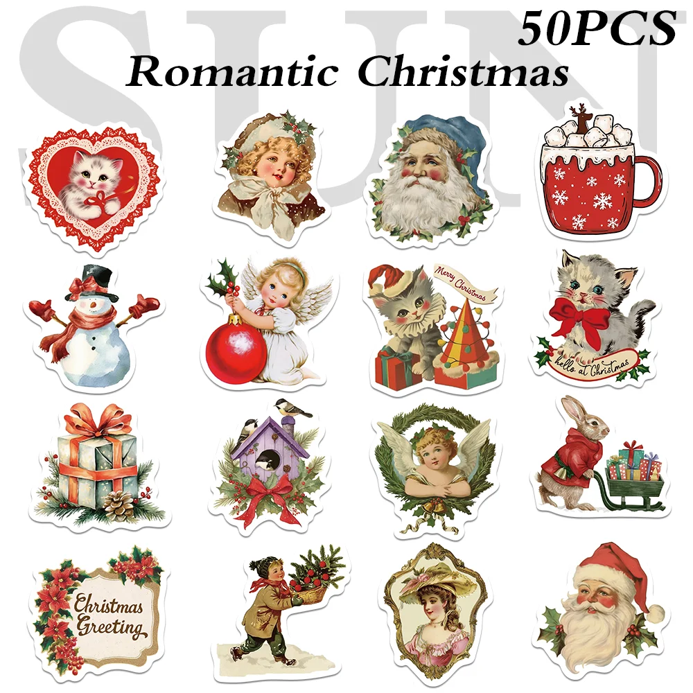 

50pcs Romantic Christmas Stickers Cartoon Retro Holiday Decoration Laptop Luggage Scrapbook Diary DIY Skateboard Guitar Stickers