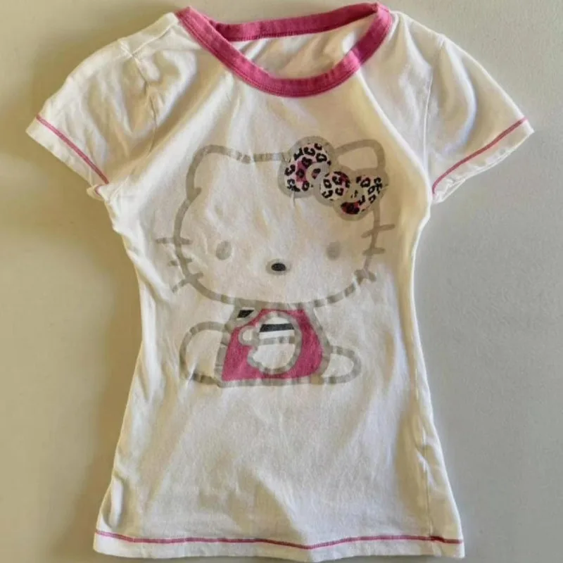 

American Street Hottie T-shirt Harajuku Subculture Cartoon Cat Print Tshirts Retro Kawaii Stitching Tees Women's Slim Sweet Tops