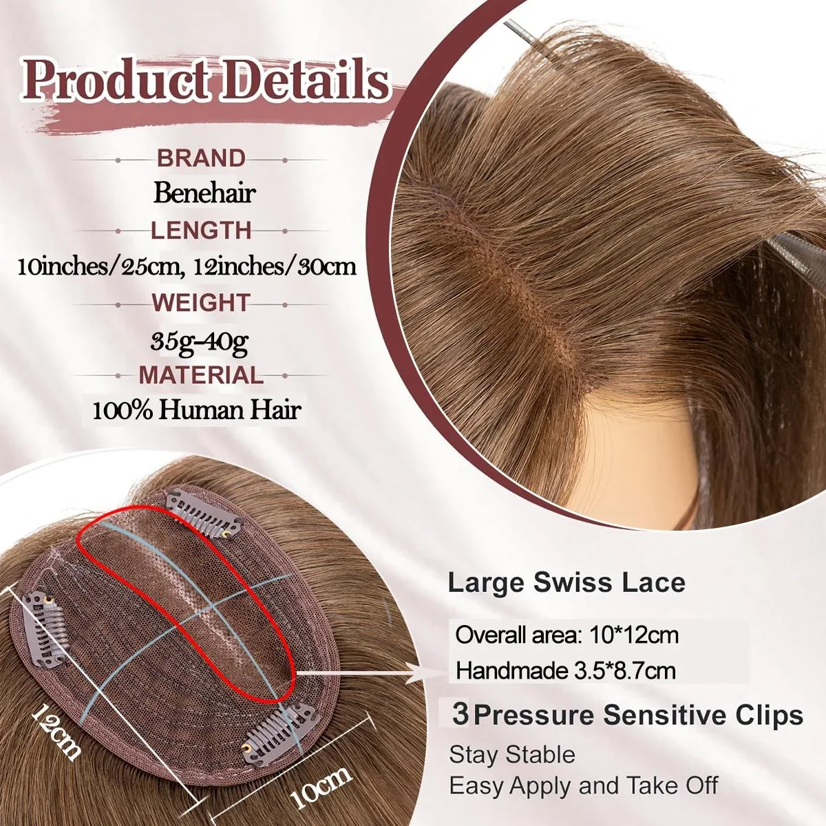 PROKYVITY 10x12cm Side Part Human Hair Topper Hand-Made Mono Top Wig Natural Look Clip-In Extension for Women Single Knot Design