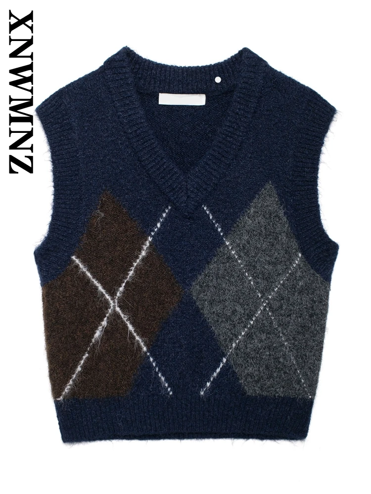 XNWMNZ Women Clothing 2024 New Autumn Vintage V-Collar Plaid Knit Sweater Jumper Vest Woman's Casual Sleeveless Gilet Top