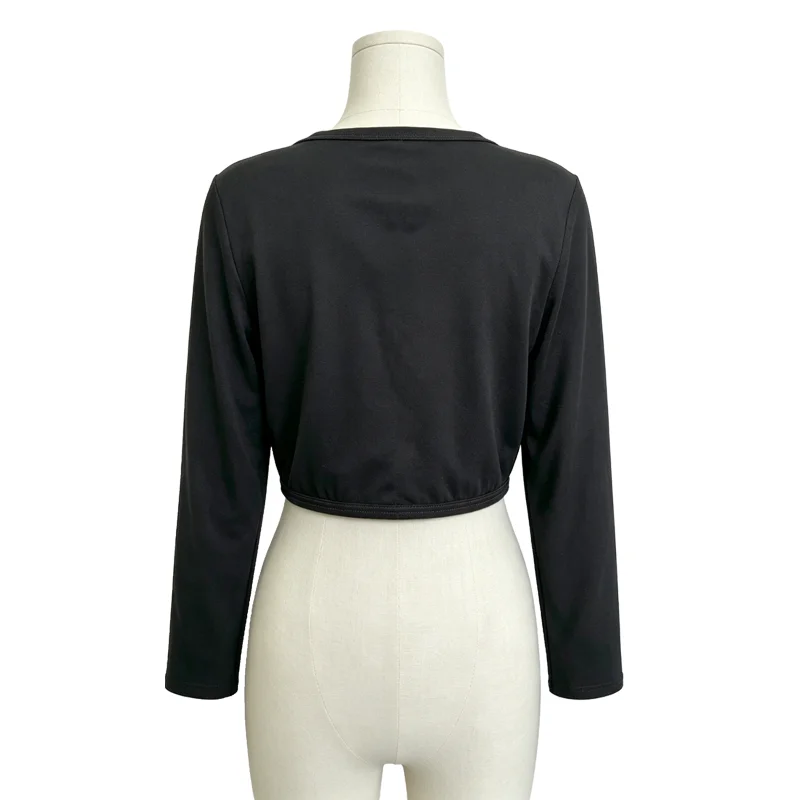 Damen-Bolero mit langen Ärmeln und offenem Vorderteil, kurze Strickjacke, leichte Strickbluse, kurze Jacke, weiches Oberteil, dehnbares Oberbekleidungsstück. – Detail 5