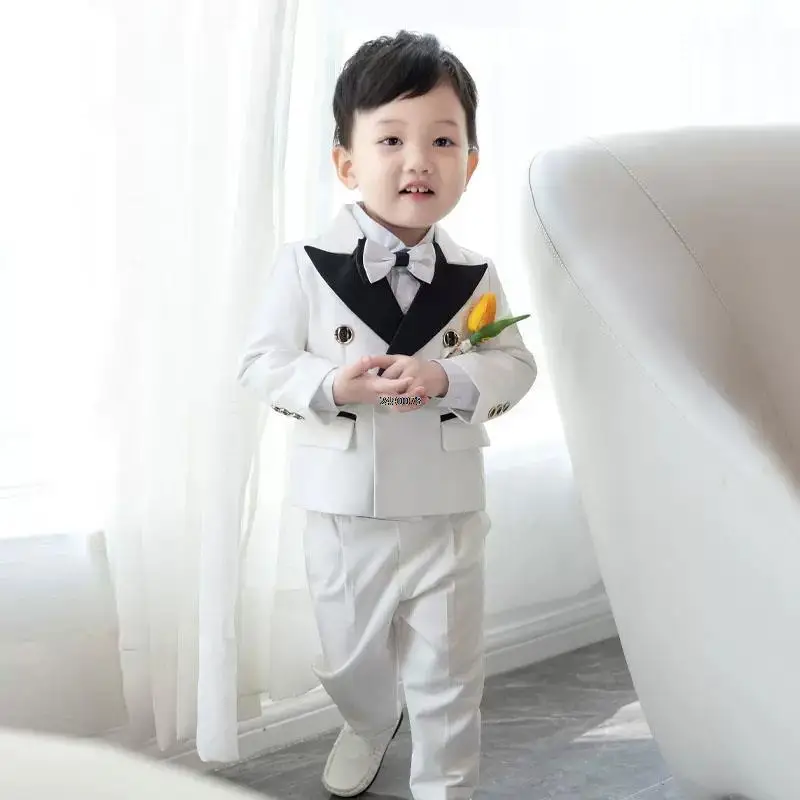 Children White Wedding Suit Prince Kids Jacket Pants Photograph Suit Flower Boys Tuxedo Dress Baby 1 Year Birthday Dress Costume