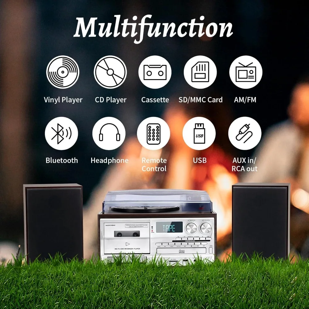 

10 in 1 Record Player with External Speakers,3 Speed Bluetooth Turntable Vinyl Player with CD/Cassette Play