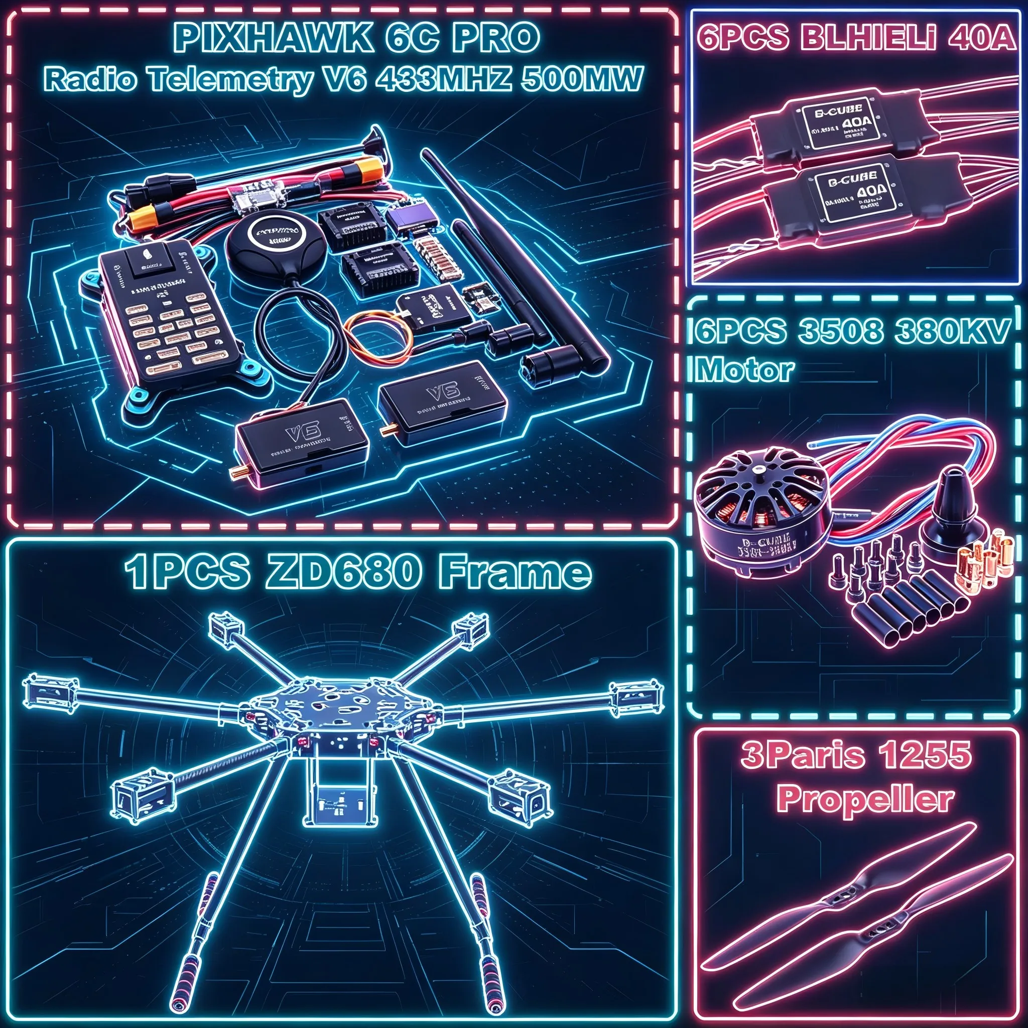 

FPV ZD680 6C PRO M8N M9N M10 Полностью карбоновый гексакоптер с гибкими лучами и неразборным шасси, комплект рамы PIXHAWK