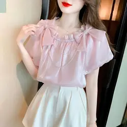 2023 Fashionable and Exquisite French Brilliant Yarn, Fairy and Sweet One Shoulder Spliced Bow Chain Short Sleeve Women's Shirt