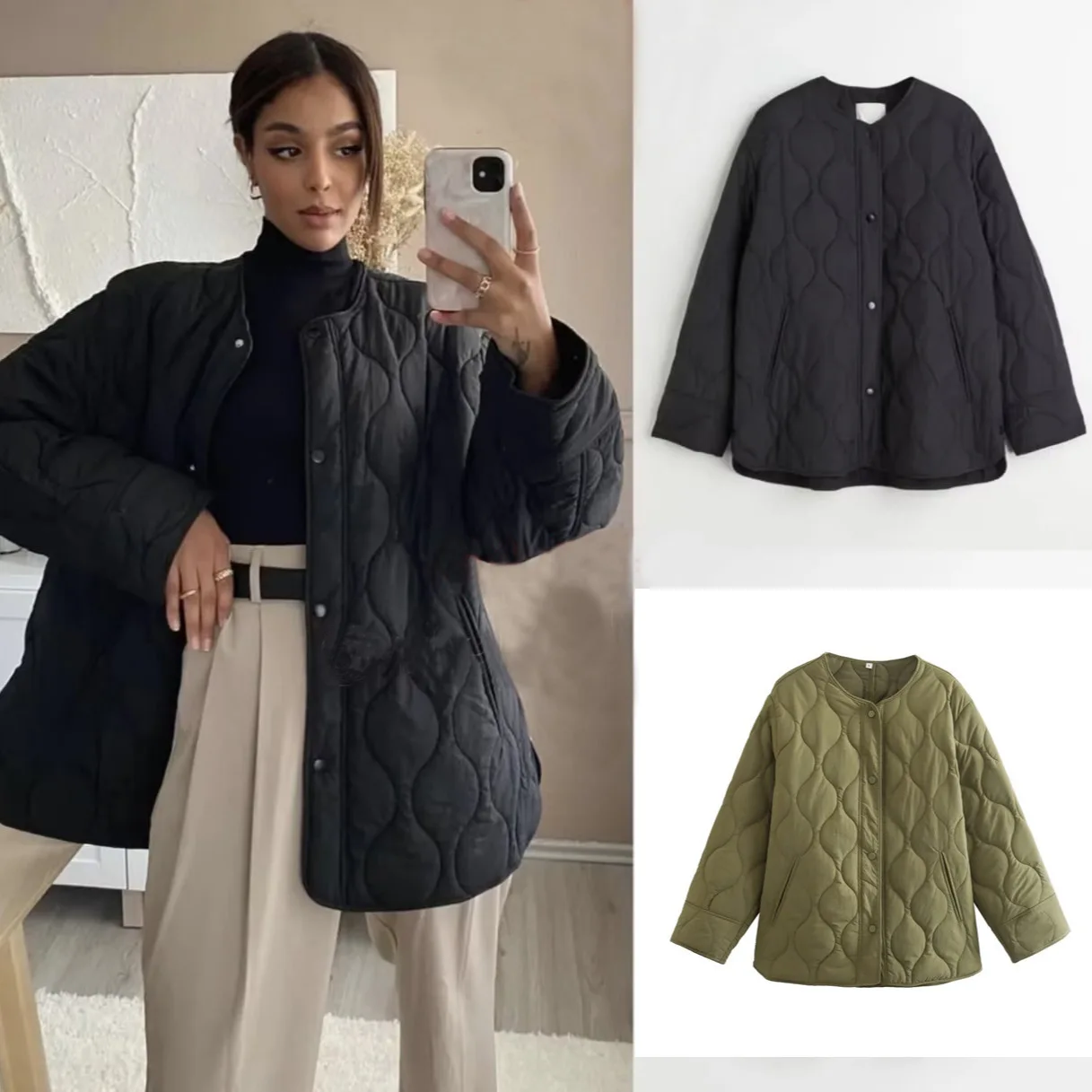 

Women Quilted Jacket 2025 Winter O-Neck Long Sleeve Double Pocket Casual Overcoat Female Chic Cotton Coat Padded Jacket