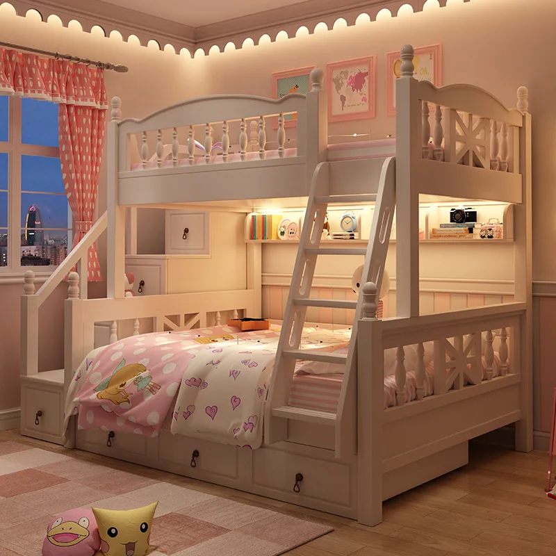 Pastoral Children's mother and child beds Two-layer Interlaced white bunk