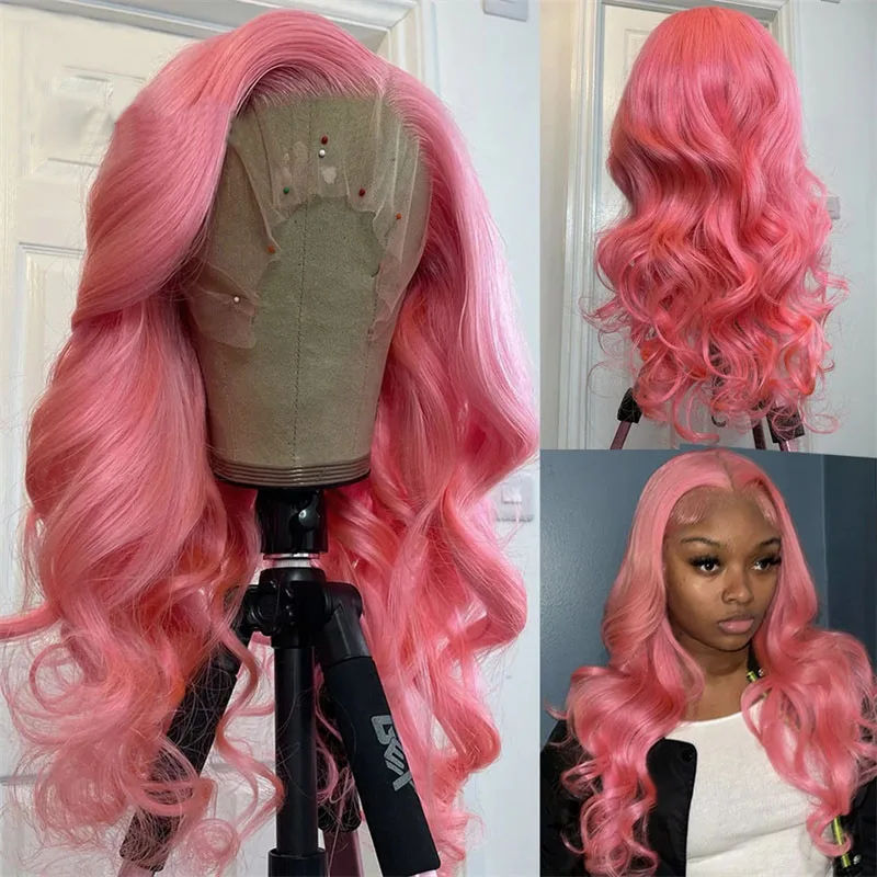 

Matched All Skins 180Density Long 26'' Pink Ocean Wave Lace Front Wigs With Heat Resistant Babyhair Preplucked Glueless Cosplay